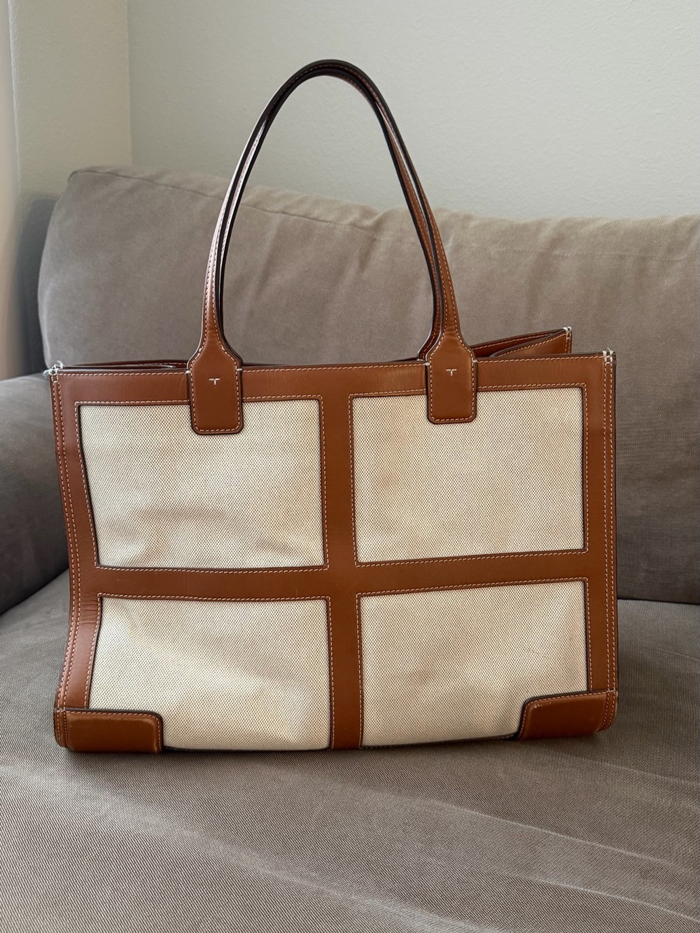 Authentic Tory Burch Ella Large Canvas Quadrant Tote Bag - Picture 3 of 13